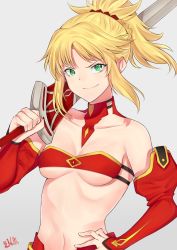 Rule 34 | bare shoulders, blackwatchar, blonde hair, breasts, clarent (fate), cleavage, cowboy shot, detached sleeves, fate/apocrypha, fate (series), green eyes, hand on own hip, highres, medium breasts, mordred (fate), mordred (fate/apocrypha), navel, over shoulder, ponytail, red scrunchie, scrunchie, signature, smirk, solo, sword, sword over shoulder, underboob, weapon, weapon over shoulder, white background
