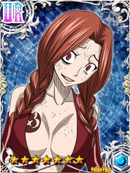 Rule 34 | 1girl, braid, breast tattoo, breasts, card (medium), cleavage, crazy eyes, dress, elbow gloves, fairy tail, female focus, flare corona, gloves, large breasts, long hair, looking at viewer, low twintails, matching hair/eyes, official art, red dress, red eyes, red gloves, red hair, scar, shiny skin, smile, solo, standing, tattoo, twin braids, twintails