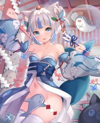 Rule 34 | 1girl, absurdres, animal ear fluff, animal ears, arm up, arrow (projectile), bare shoulders, bloop (gawr gura), blue eyes, blue hair, blue kimono, blunt bangs, blush, breasts, bug, butterfly, cat ears, cleavage, collarbone, detached sleeves, ebi-chan (gawr gura), ema, fins, fish tail, gawr gura, gawr gura (new year), grey hair, hair ornament, hamaya, highres, hololive, hololive english, insect, japanese clothes, kimono, looking at viewer, multicolored hair, navel, nekopurin (nyanko prin), new year, no panties, open clothes, open kimono, open mouth, shark, shark girl, shark tail, sharp teeth, shide, shrine, small breasts, solo, streaked hair, tail, teeth, thighhighs, virtual youtuber, white thighhighs