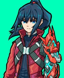 Rule 34 | 1boy, blue eyes, blue hair, blue shirt, closed mouth, commentary, floating hair, green background, hair between eyes, high ponytail, i llius, jacket, long hair, looking at viewer, male focus, noah (xenoblade), open clothes, open jacket, ponytail, red jacket, ribbed shirt, shirt, simple background, solo, v-shaped eyebrows, xenoblade chronicles (series), xenoblade chronicles 3