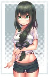Rule 34 | 1girl, artist name, asui tsuyu, black eyes, black hair, blouse, blush, boku no hero academia, bow-shaped hair, breasts, commentary, frog girl, green eyes, green hair, green shorts, hair between eyes, hair rings, highres, kaptivate, long hair, looking at viewer, low-tied long hair, medium breasts, shirt, short shorts, short sleeves, shorts, smile, solo, standing, striped clothes, striped shirt, swimsuit