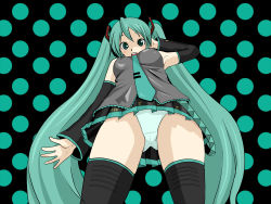 Rule 34 | 1girl, black thighhighs, detached sleeves, dotted, from below, green eyes, green hair, hatsune miku, long hair, looking at viewer, looking down, matching hair/eyes, necktie, panties, pantyshot, pleated skirt, polka dot, polka dot background, skirt, solo, standing, thighhighs, twintails, underwear, vocaloid