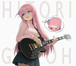 Rule 34 | &gt; &lt;, 1girl, :&lt;, absurdres, black skirt, blue eyes, bocchi the rock!, breasts, character name, chibi, cowboy shot, cube hair ornament, electric guitar, gotoh hitori, gu tao, guitar, hair ornament, highres, instrument, jacket, long hair, long sleeves, looking to the side, medium breasts, music, one side up, open mouth, pink hair, pink jacket, playing instrument, pleated skirt, skirt, solo, speech bubble, track jacket, very long hair, white background