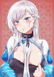 Rule 34 | 1girl, alternate costume, areola slip, azur lane, belfast (azur lane), belfast (iridescent rosa) (azur lane), belfast (iridescent rosa) (azur lane), black dress, blue eyes, blush, braid, breasts, chain, china dress, chinese clothes, cleavage cutout, closed mouth, clothes pull, clothing cutout, collar, commentary request, dress, dress pull, earrings, french braid, head tilt, heart, heart earrings, highres, jewelry, large breasts, lips, long hair, looking at viewer, pelvic curtain, pulling own clothes, shiny skin, side braid, sidelocks, silver hair, smile, user ujzx4875