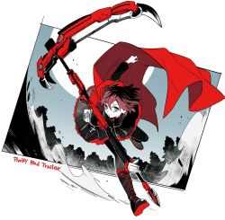 Rule 34 | 1girl, cape, commentary request, crescent rose, english text, highres, pale skin, red hair, ruby rose, running, rwby, short hair, grey eyes, solo