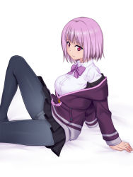 Rule 34 | 1girl, arm support, black skirt, bow, bowtie, breasts, closed mouth, feet out of frame, grey pantyhose, gridman universe, gusset, jacket, knee up, large breasts, long sleeves, miniskirt, n haduki, off shoulder, open clothes, open jacket, panties, panties under pantyhose, pantyhose, pantyshot, partially unzipped, pleated skirt, purple bow, purple bowtie, purple hair, purple jacket, red eyes, shinjou akane, shirt, short hair, simple background, sitting, skirt, smile, solo, ssss.gridman, underwear, upskirt, white background, white shirt
