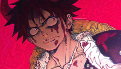 Rule 34 | 1boy, barbarvsah, black hair, blood, blood on clothes, blood on face, closed mouth, collarbone, commentary request, hat, highres, male focus, monkey d. luffy, one piece, red eyes, short hair, solo, straw hat, unworn hat, unworn headwear