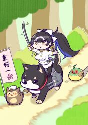 Rule 34 | 1girl, :o, absurdres, aiguillette, animal, arm up, azur lane, banner, battle standard, black hair, black pantyhose, blue hair, blush stickers, bow, buttons, cannon, chibi, commentary request, day, dog, dot nose, double-breasted, footprints, hair bow, headband, highres, himajin (fd jin), holding, holding sword, holding weapon, jacket, long hair, long sleeves, manjuu (azur lane), meowfficer (azur lane), military uniform, miniskirt, multicolored hair, nobori, on animal, outdoors, pantyhose, parted lips, path, plant, pleated skirt, ponytail, riding, riding animal, road, scabbard, sheath, skirt, solo, sparkle, standing, streaked hair, sword, takao (azur lane), translation request, two-tone hair, uniform, unsheathed, walking, weapon, white bow, white headband, white jacket, white skirt, yellow eyes
