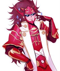 Rule 34 | 1boy, armor, brown hair, fire emblem, fire emblem fates, gloves, long hair, male focus, nintendo, ryoma (fire emblem), simple background, sinnygoto, solo, sparkle, sunglasses, white background