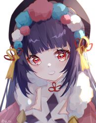 Rule 34 | 1girl, absurdres, black hair, blunt bangs, blush, coat, female focus, genshin impact, grin, hair ribbon, happy, hat, headdress, heart, heart-shaped pupils, highres, long hair, looking at viewer, luobotou cuncun zhang, portrait, red eyes, red ribbon, ribbon, sidelocks, signature, simple background, smile, solo, symbol-shaped pupils, white background, yun jin (genshin impact)