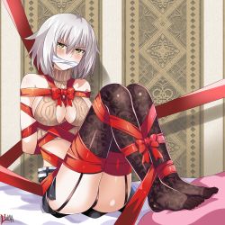Rule 34 | 1girl, arms behind back, bare shoulders, bdsm, bed, black panties, black skirt, black thighhighs, blush, bondage, bound, breasts, cleavage, cloth gag, commentary, english commentary, fate/grand order, fate (series), gag, gagged, garter belt, hair between eyes, highres, impossible clothes, improvised gag, jeanne d&#039;arc (fate), jeanne d&#039;arc alter (avenger) (fate), jeanne d&#039;arc alter (fate), knees up, lewdkuma, looking at viewer, medium breasts, panties, pillow, red ribbon, restrained, ribbon, ribbon bondage, short hair, signature, sitting, skirt, solo, thighhighs, underwear, white hair, yellow eyes