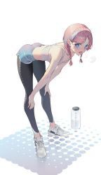 Rule 34 | 1girl, arknights, bankongping, bare arms, bare shoulders, bent over, blue eyes, blue hair, blue poison (arknights), blue poison (shoal beat) (arknights), blue shorts, bottle, braid, breasts, bright pupils, cleavage, collarbone, commentary request, full body, hairband, halftone, hands on own knees, heavy breathing, leggings, looking at viewer, multicolored hair, official alternate costume, pink hair, pink hairband, shoes, short hair, shorts, simple background, small breasts, sneakers, solo, sports bra, standing, swept bangs, twin braids, two-tone hair, white background, white footwear