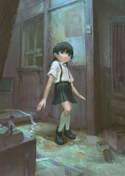 Rule 34 | 1girl, absurdres, black eyes, black footwear, black hair, black skirt, bottle, box, closed mouth, collared shirt, expressionless, full body, hakonnbo, highres, indoors, looking at viewer, original, poster (object), shirt, shoes, short hair, short sleeves, short twintails, skirt, socks, solo, suspender skirt, suspenders, twintails, white shirt, white socks, window