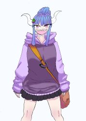 Rule 34 | absurdres, blue hair, cape, closed eyes, contemporary, dress, highres, horns, long hair, looking at viewer, mask, mouth mask, multicolored hair, neck ribbon, one piece, ponytail, purple eyes, ribbon, siblings, skirt, solo focus, sorambk, striped, sweat, thighs, ulti (one piece), white background, white horns