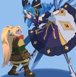 Rule 34 | 2girls, armor, black bow, black dress, blonde hair, blush, bow, breasts, cleavage, crazy grin, dress, drill hair, eye contact, green eyes, green hair, grey dress, grin, gwen (league of legends), hair bow, hand to own mouth, hand up, height difference, highres, holding, holding scissors, jiha (ssa2026b), large breasts, league of legends, leaning forward, legs apart, looking at another, multiple girls, oversized object, pantyhose, pointy ears, poppy (league of legends), scissors, smile, standing, teeth, twin drills, twintails, v, yordle