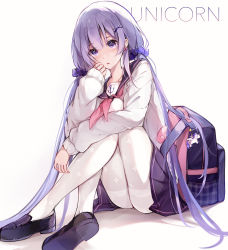 Rule 34 | 1girl, azur lane, backpack, bag, bag charm, cardigan, character name, charm (object), earrings, hair ornament, hair scrunchie, hand on leg, highres, jewelry, long hair, official alternate costume, open mouth, pantyhose, pleated skirt, print legwear, purple eyes, purple hair, purple skirt, sailor, sailor collar, school uniform, scrunchie, shoes, simple background, sitting, skirt, thighband pantyhose, twintails, uchuunin, unicorn, unicorn (azur lane), unicorn (long-awaited date) (azur lane), unworn backpack, unworn bag, white background, white cardigan, white pantyhose