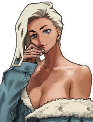 Rule 34 | 1girl, bare shoulders, blue eyes, breasts, cleavage, closed mouth, clothes pull, dark-skinned female, dark skin, fingernails, fur trim, hand up, highres, imdsound, jacket, jacket pull, lips, long hair, long sleeves, looking at viewer, no bra, no shirt, off-shoulder jacket, off shoulder, original, partially unbuttoned, simple background, solo, upper body, white background, white hair