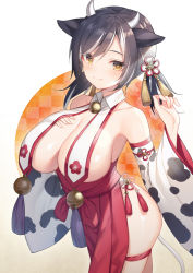 Rule 34 | 1girl, alexmaster, animal ears, animal print, armpits, bare shoulders, black hair, breast curtains, breasts, cleavage, cow ears, cow horns, cow print, cowboy shot, detached sleeves, eyeshadow, hair ornament, hand on own chest, hand up, horns, large breasts, long hair, long sleeves, looking at viewer, makeup, multicolored hair, no bra, original, pelvic curtain, red skirt, revealing clothes, skirt, smile, solo, standing, streaked hair, tassel, thigh strap, thighs, twintails, wide sleeves, wing collar, yellow eyes