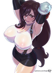 Rule 34 | 1girl, arms behind head, black gloves, breasts, cleavage, covered erect nipples, elbow gloves, final fantasy, final fantasy vii, gloves, kajin (kajinman), large breasts, lips, long hair, looking at viewer, navel, patreon username, red eyes, red gloves, shiny skin, skirt, suspender skirt, suspenders, tifa lockhart, white background
