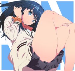 Rule 34 | 1girl, bare legs, black skirt, blue background, blue eyes, blue hair, cardigan, commentary, crossed legs, feet out of frame, gridman universe, hand on own leg, highres, legs, long sleeves, looking at viewer, medium hair, school uniform, semham, simple background, sitting, skirt, smile, solo, ssss.gridman, takarada rikka, thick thighs, thighs, wrist cuffs, yellow cardigan