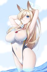 1girl absurdres animal_ear_fluff animal_ears armpits arms_behind_head bare_arms bare_legs bare_shoulders blonde_hair blue_archive blue_eyes blue_halo blush breasts clenched_teeth competition_swimsuit covered_navel cowboy_shot dog_ears groin hair_over_one_eye halo highleg highleg_one-piece_swimsuit highres kanna_(blue_archive) kanna_(swimsuit)_(blue_archive) koflif large_breasts long_hair looking_at_viewer official_alternate_costume one-piece_swimsuit solo swimsuit teeth water whistle whistle_around_neck white_one-piece_swimsuit