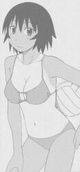 Rule 34 | 1girl, azumanga daiou, ball, bikini, breasts, cleavage, cowboy shot, dithering, female focus, greyscale, hand on leg, hand on own leg, hand on own thigh, highres, holding, holding ball, kagura (azumanga daioh), large breasts, leaning forward, legs, looking at viewer, monochrome, navel, official art, scan, short hair, solo, swimsuit, tan, tanline, thighs, volleyball (object)
