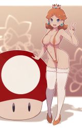 Rule 34 | 1girl, bare arms, bare shoulders, blue eyes, blurry, blurry background, breasts, brown hair, collarbone, female pubic hair, full body, high heels, highres, lamb-oic029, large breasts, looking at viewer, mario (series), mushroom, navel, nintendo, one-piece swimsuit, open mouth, orange one-piece swimsuit, princess daisy, pubic hair, pubic hair peek, short hair, slingshot swimsuit, smile, solo, standing, super mario land, super mushroom, swimsuit, teeth, thighhighs, upper teeth only, white thighhighs