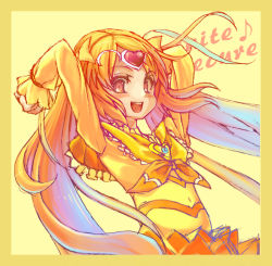 Rule 34 | 10s, 1girl, arms up, bad id, bad pixiv id, blonde hair, border, bow, circlet, copyright name, cure muse, cure muse (yellow), dress, gradient hair, heart, long hair, multicolored hair, musical note, potepote, precure, red eyes, shirabe ako, skirt, solo, suite precure, yellow bow