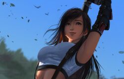 Rule 34 | 1girl, absurdres, arm guards, arms up, bird, black gloves, black hair, black sports bra, blue sky, bracelet, breasts, closed mouth, commentary, crop top, day, earrings, elbow gloves, english commentary, falling leaves, final fantasy, final fantasy vii, final fantasy vii remake, gloves, highres, jewelry, large breasts, leaf, lips, long hair, midriff, outdoors, red eyes, safaia, single earring, sky, smile, solo, sports bra, stretching, suspenders, swept bangs, tank top, teardrop earring, tifa lockhart, upper body, white tank top