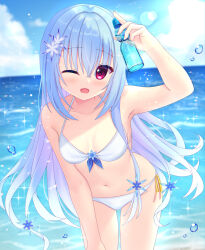 Rule 34 | 1girl, ;d, arm up, bare arms, bikini, blue flower, blue hair, blue sky, blurry, blurry background, blush, bottle, breasts, breasts apart, commentary request, cowboy shot, crossed bangs, curvy, day, floating hair, flower, hair between eyes, hair flower, hair ornament, halterneck, hamidashi creative, happy, highres, holding, holding bottle, leaning forward, light blue hair, long hair, looking at viewer, medium breasts, nanatsu (na na tsu), navel, ocean, one eye closed, open mouth, outdoors, ramune, red eyes, sidelighting, sky, smile, solo, sparkle, straight hair, sunlight, swimsuit, very long hair, water drop, wet, white bikini, yukige shiki
