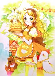 Rule 34 | 1girl, apron, back bow, bear, bee, bib, bird, blonde hair, blush, bow, bug, chewing, chicken, collared dress, cowboy shot, curly hair, dress, eating, flag, food, food on face, fork, green eyes, hairband, highres, holding, holding food, holding plate, honey, house, insect, lolita hairband, long hair, nishida yuu, original, pancake, pancake stack, pitcher (container), plate, pouring, puffy short sleeves, puffy sleeves, short sleeves, sky, smile, smoke, solo, string of flags, syrup, thighhighs, traditional media, tree, wrist cuffs