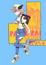 Rule 34 | 1girl, absurdres, backpack, bad id, bad twitter id, bag, baseball cap, blue background, blue pants, choker, closed mouth, clothes writing, cross-laced footwear, denim, earclip, full body, hat, highres, jeans, light frown, midriff, multicolored footwear, navel, original, pants, pink choker, pink hair, print shirt, shirt, shoes, short hair, short sleeves, sneakers, solo, standing, standing on one leg, t-shirt, torn clothes, torn pants, white shirt, you (nanban319)