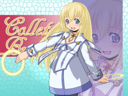 Rule 34 | 00s, 1girl, blonde hair, blue eyes, blush, chakram, character name, choker, colette brunel, dress, face, haganemaru kennosuke, long hair, mosaic background, pantyhose, smile, solo, tales of (series), tales of symphonia, weapon, zoom layer