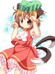 Rule 34 | 1girl, :3, animal ears, bow, brown hair, cat ears, cat tail, chen, ear piercing, earrings, fang, hat, highres, jewelry, mob cap, multiple tails, nekomata, paw pose, piercing, pila-pela, puffy short sleeves, puffy sleeves, shirt, short sleeves, single earring, skirt, skirt set, solo, tail, touhou, two tails, vest