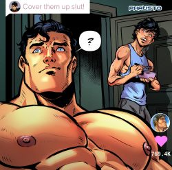 Rule 34 | 2boys, ?, absurdres, artist name, bara, black hair, black pants, blue eyes, blue tank top, blush, bowl, clark kent, closed mouth, cover them up slut (meme), dc comics, dialogue box, english text, father and son, highres, holding, holding bowl, holding spoon, jonathan kent, large pectorals, looking at another, looking at viewer, male focus, meme, multiple boys, muscular, muscular male, nipples, open mouth, pants, pectoral focus, pectorals, phausto, short hair, spoon, superman (series), tank top, tiktok, upper body