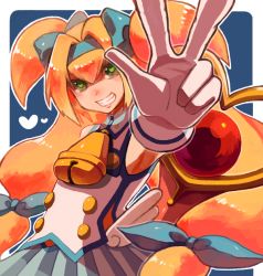 Rule 34 | 1girl, arc system works, bad drawr id, bad id, bell, blazblue, blazblue: continuum shift, blonde hair, bow, drawr, gloves, green eyes, hair bow, heart, heart-shaped pupils, long hair, muchourin, oekaki, oh 1234, platinum the trinity, solo, symbol-shaped pupils, two side up, v, very long hair