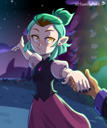 Rule 34 | 2girls, \o/, actuallykaz, amity blight, arms up, bad link, black nails, brown hair, couple, dancing, dark-skinned female, dark skin, female pov, forest, gem, green hair, grom night (the owl house), high ponytail, highres, holding hands, looking at another, looking at viewer, luz noceda, multiple girls, nail polish, nature, night, night sky, outdoors, outstretched arms, pointy ears, pov, pov hands, purple skirt, short hair, short sleeves, skirt, sky, star (sky), starry sky, the owl house, twitter username, white sleeves, yellow eyes, yuri