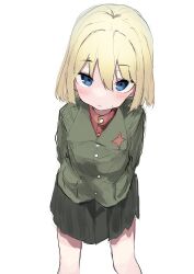 Rule 34 | 1girl, absurdres, black skirt, blonde hair, blue eyes, blush, commentary request, gingerbullet, girls und panzer, green jacket, hair between eyes, highres, jacket, katyusha (girls und panzer), looking at viewer, parted lips, pleated skirt, red shirt, shirt, simple background, skirt, solo, standing, sweat, white background