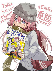 Rule 34 | 1girl, black skirt, carimarica, english text, gradient eyes, green scarf, grey hat, hat, highres, holding, holding magazine, long hair, magazine (object), multicolored eyes, open mouth, original, pink eyes, pink hair, purple eyes, red scarf, scarf, simple background, skirt, smile, solo, sweater, white background