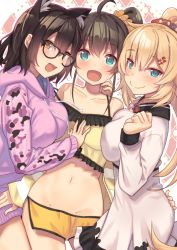 Rule 34 | 3girls, ahoge, akai haato, akai haato (casual), animal ears, bespectacled, black hair, blonde hair, blue eyes, breasts, breasts squeezed together, brown hair, collarbone, commentary request, glasses, hair ornament, hairclip, hololive, jacket, large breasts, long hair, midriff, multiple girls, natsuiro matsuri, natsuiro matsuri (matsuri&#039;s day off), naughty face, navel, open mouth, ponytail, roboco-san, roboco-san (hoodie), scrunchie, short hair, shorts, side ponytail, small breasts, smile, tonarikeru, virtual youtuber, yellow eyes