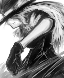 Rule 34 | 1girl, bad id, bad pixiv id, daigouzi, female focus, gloves, greyscale, hat, hat over eyes, kirisame marisa, long hair, monochrome, profile, short sleeves, smile, solo, touhou, witch, witch hat