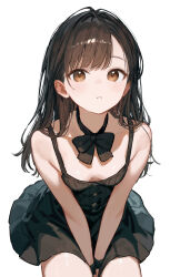 Rule 34 | 1girl, akipeko, antenna hair, armpit crease, between legs, black bow, blush, bow, bow choker, breasts, brown hair, buttons, choker, dress, eyelashes, hair intakes, hand between legs, highres, long hair, looking at viewer, original, parted lips, simple background, sitting, small breasts, solo, swept bangs, white background