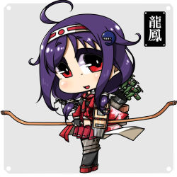 Rule 34 | 10s, 1girl, :d, ahoge, arrow (projectile), bow (weapon), chibi, flight deck, hair flaps, hair ornament, hairband, highres, holding, kantai collection, looking at viewer, low twintails, open mouth, purple hair, red eyes, ryuuhou (kancolle), school uniform, serafuku, shokuyou pants, smile, solo, taigei (kancolle), twintails, weapon, whale hair ornament