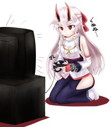 Rule 34 | 1girl, bare shoulders, breasts, commentary request, controller, fate/grand order, fate (series), fingerless gloves, game controller, gloves, headband, highres, horns, japanese clothes, kogaciel, long hair, oni horns, playing games, red eyes, red gloves, seiza, sideboob, sitting, solo, sweat, television, thigh gap, tomoe gozen (fate), translation request, white background, white hair
