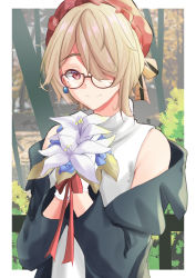 Rule 34 | 1girl, absurdres, bare shoulders, black jacket, bouquet, brown hair, casual, closed mouth, earrings, fashion, flower, glasses, haerge, hair over one eye, hat, highres, holding, honkai (series), honkai impact 3rd, jacket, jewelry, looking at viewer, mole, mole under eye, outdoors, red hat, rita rossweisse, shirt, short hair, smile, solo, tree, white flower, white shirt