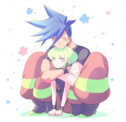 Rule 34 | 2boys, apri bot, blue hair, blush, chibi, earrings, closed eyes, firefighter, galo thymos, green hair, hug, hug from behind, jewelry, lio fotia, multiple boys, muscular, promare, simple background, size difference, squatting, yaoi