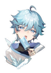 Rule 34 | 1boy, absurdres, ahoge, aqua eyes, aqua hair, black bodysuit, blush, bodysuit, chongyun (genshin impact), commentary, cropped shoulders, food, genshin impact, highres, holding, hood, hood down, ice, licking, male focus, popsicle, portrait, signature, simple background, solo, symbol-only commentary, white background, wumumu