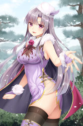Rule 34 | 1girl, :d, absurdres, black thighhighs, breasts, bridal gauntlets, china dress, chinese clothes, cowboy shot, day, dress, feather hair ornament, feathers, floating hair, flower, grey hair, hair ornament, hat, highres, large breasts, long hair, looking at viewer, mvv, neck ribbon, open mouth, outdoors, pink eyes, purple dress, purple feathers, red flower, red ribbon, ribbon, sangoku romance, short dress, sleeveless, sleeveless dress, smile, solo, standing, thighhighs, tree, very long hair, white hat