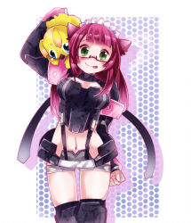 Rule 34 | 1girl, :p, animal ears, breasts, cat ears, glasses, green eyes, hunter (phantasy star online 2), large breasts, looking at viewer, maid headdress, midriff, navel, neighbor quartz, phantasy star, phantasy star online 2, polka dot, polka dot background, purple hair, rappy, sega, simple background, smile, solo, sumitaso, thigh gap, tongue, tongue out