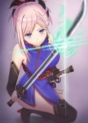 Rule 34 | 1girl, :&gt;, bare shoulders, belt, black thighhighs, detached sleeves, dual wielding, fate/grand order, fate (series), floral print, hair ornament, high heels, holding, holding sword, holding weapon, japanese clothes, katana, kimono, light rays, long hair, looking at viewer, magic, miyamoto musashi (fate), miyamoto musashi (first ascension) (fate), pink hair, purple eyes, razaria, simple background, solo, sword, thighhighs, thighs, unsheathed, weapon